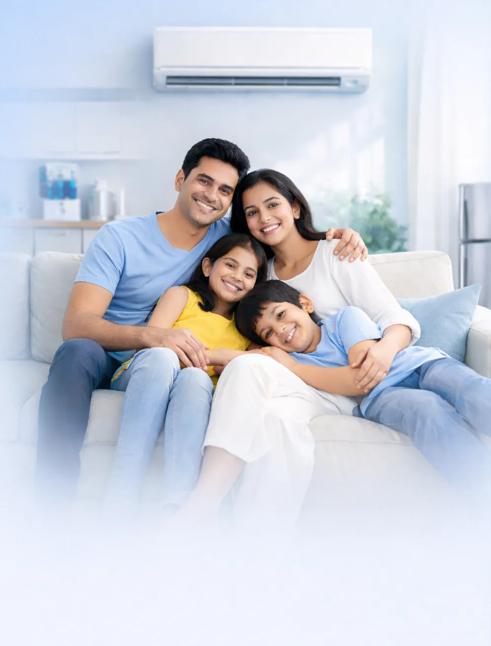 A family at home with a serviced air conditioner